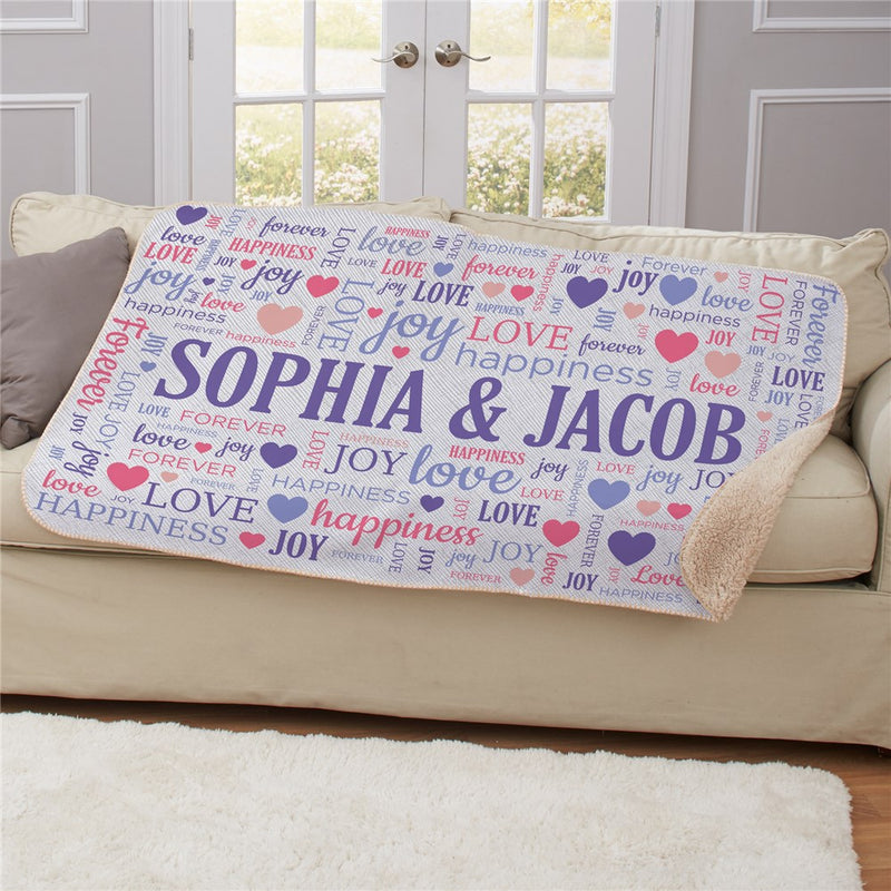 Personalized Word Art Hearts Sherpa Blanket - Romantic Heart Word Cloud Throw - LED Gift Works