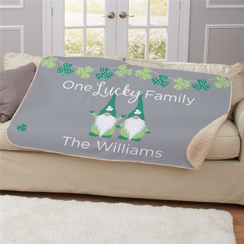 Personalized One Lucky Family Gnome Sherpa Blanket - Custom St. Paddy's Blanket - LED Gift Works