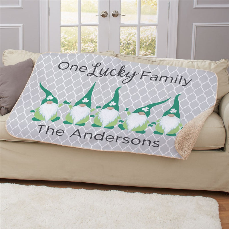 Personalized One Lucky Gnome Family Sherpa Blanket - St. Patrick's Day Blanket - LED Gift Works