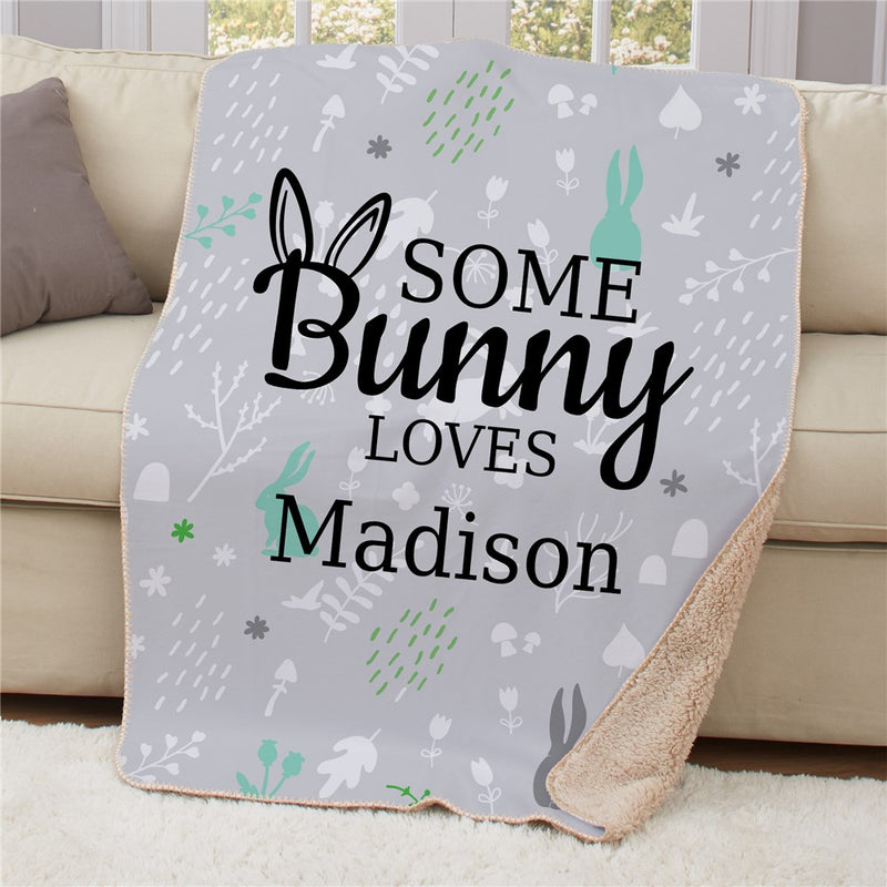 Personalized Some Bunny Loves You Sherpa Blanket - Cute Easter Bunny Blanket - LED Gift Works