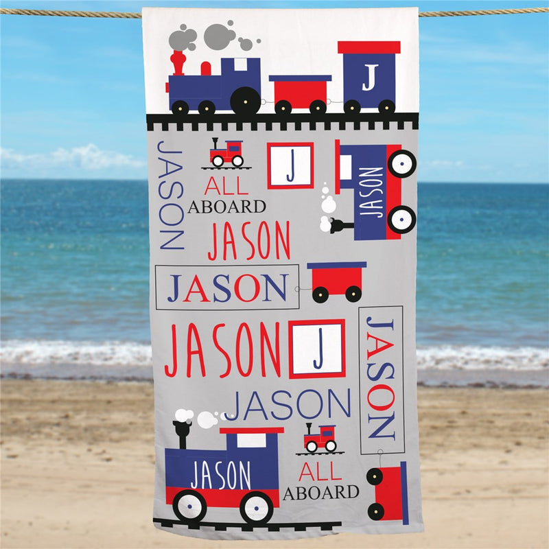 Train Lover's Custom Name Beach Towel for Kids - LED Gift Works