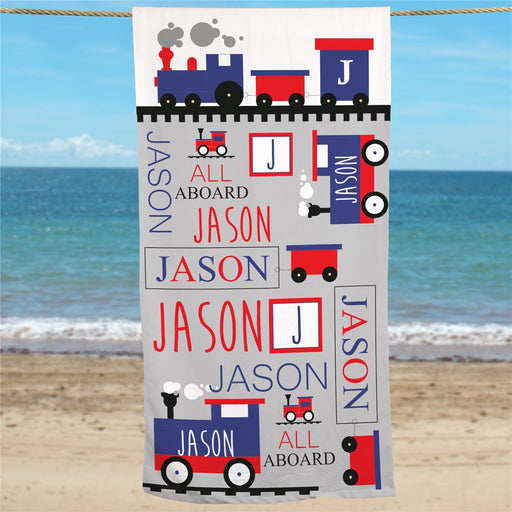 Train Lover's Custom Name Beach Towel for Kids - Way Up Gifts