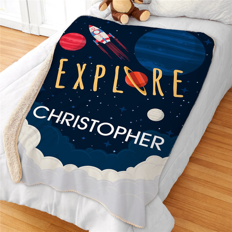 Personalized Explore Space Kids Sherpa Blanket - Kids Space Adventure Blanket - LED Gift Works