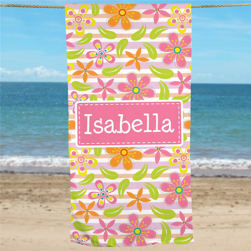 Floral Pattern Custom Beach Towel - Personalized Name - LED Gift Works