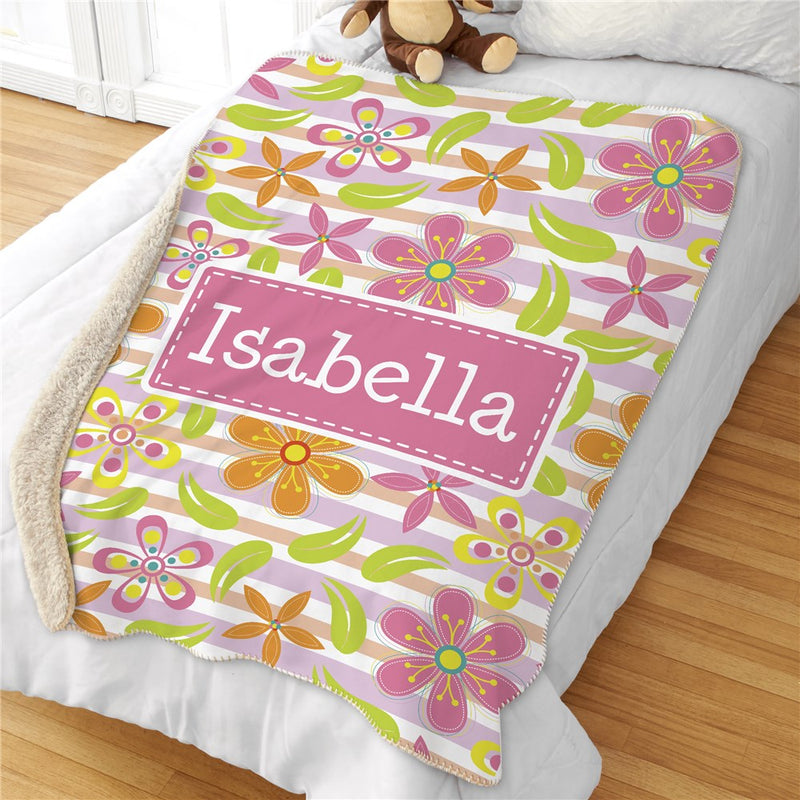 Personalized Floral Pattern Sherpa Blanket - Beautiful Botanical Blanket - LED Gift Works
