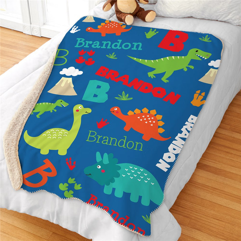 Personalized Dinosaur Sherpa Blanket - Kids Dinosaur Themed Throw - LED Gift Works