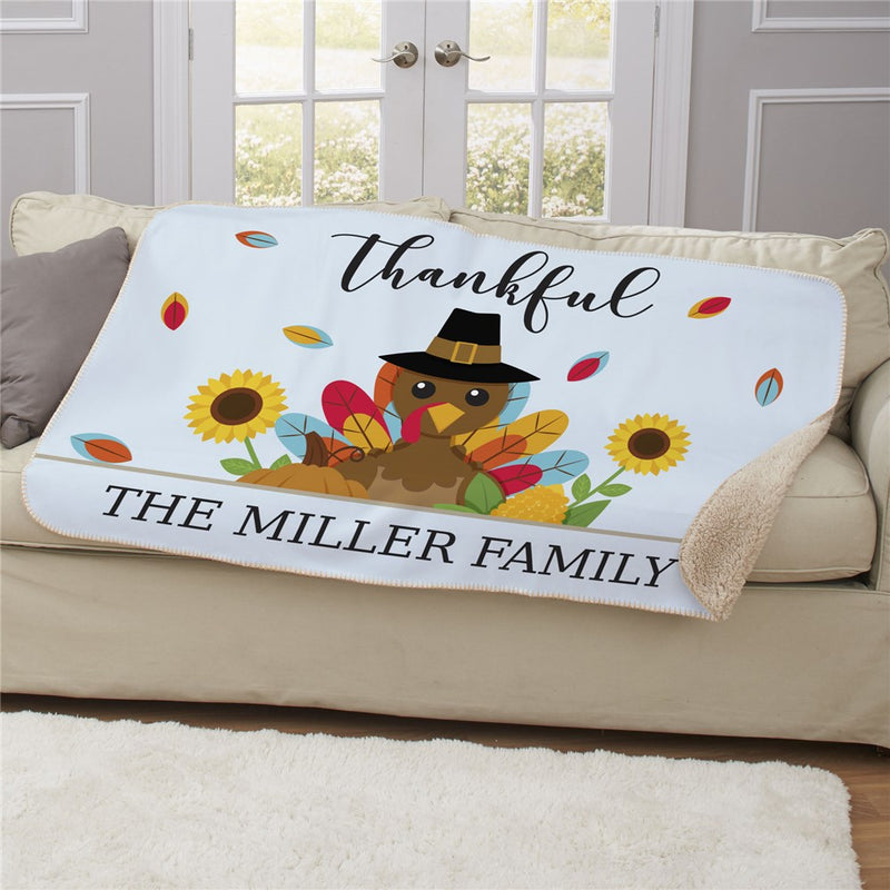 Personalized Thankful Turkey Sherpa Blanket - Thanksgiving Turkey Blanket Gift - LED Gift Works