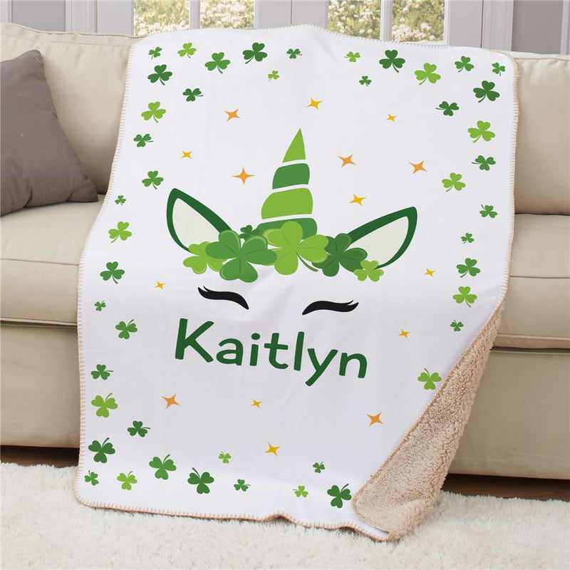 Personalized St. Patricks Day Unicorn Sherpa Blanket 37" x 57" - Lucky Irish Unicorn Throw - LED Gift Works