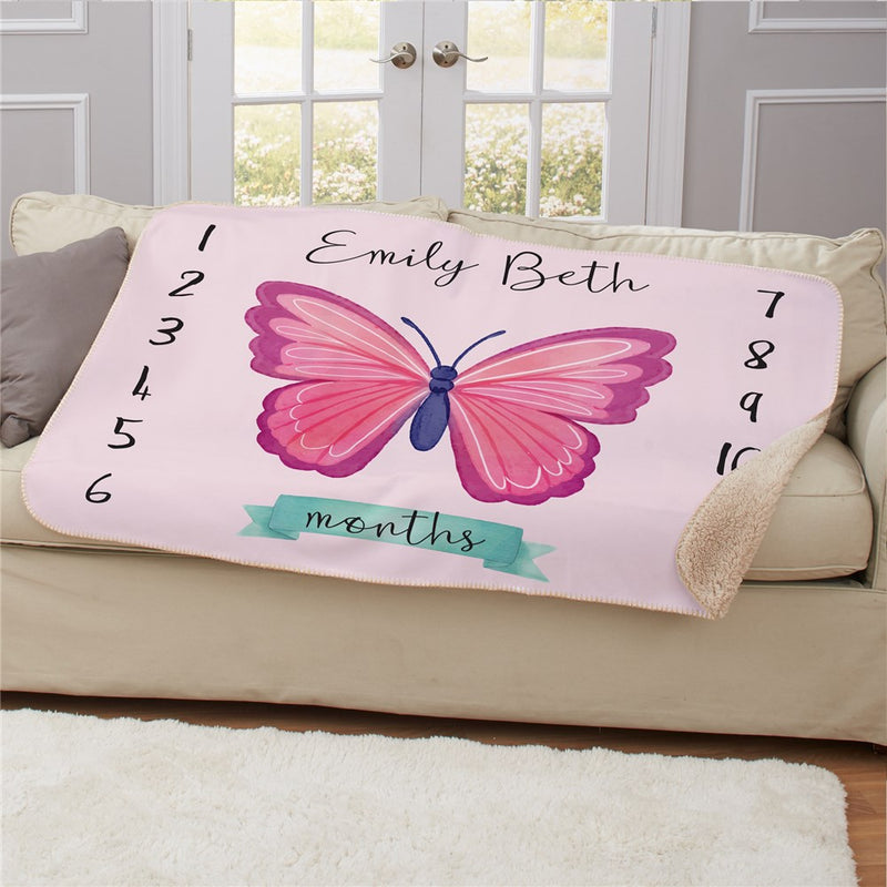 Personalized Butterfly Baby Monthly Milestone 50X60 Sherpa Blanket - Baby Growth Tracker Blanket - LED Gift Works