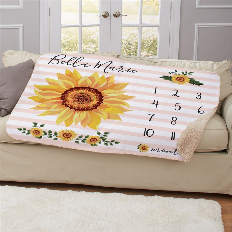 Personalized Sunflower Monthly Milestone Baby Blanket 50x60 - Baby Growth Tracker Blanket - LED Gift Works