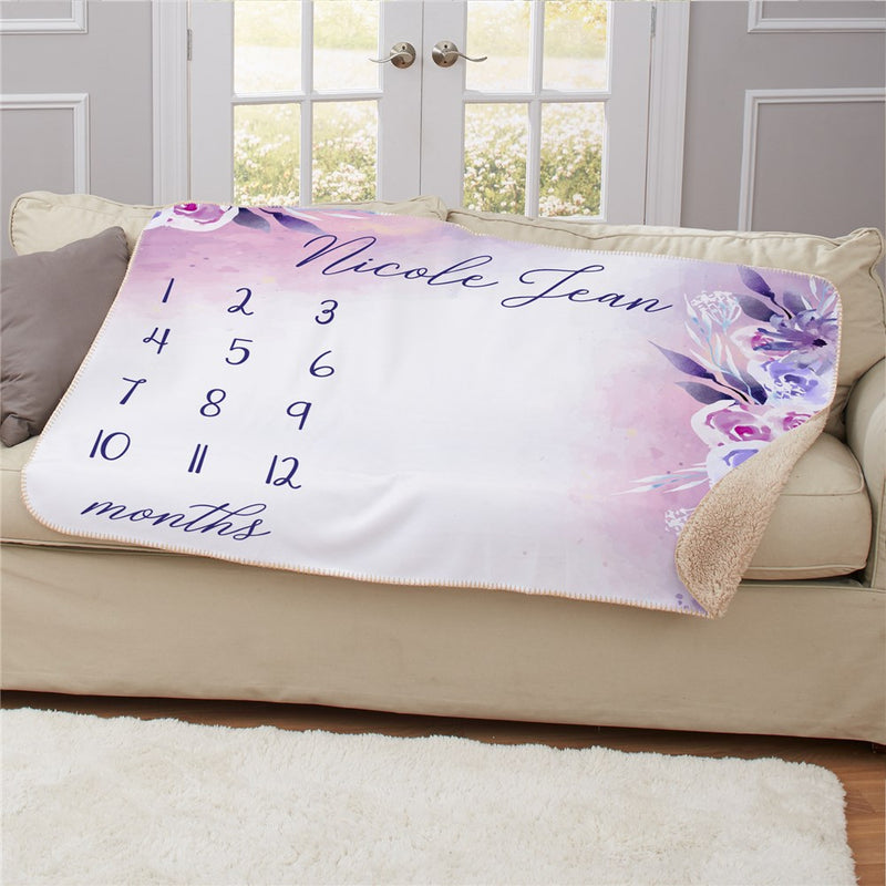 Personalized Floral Baby Monthly Milestone 50X60 Sherpa Blanket - Baby Growth Milestone Blanket - LED Gift Works