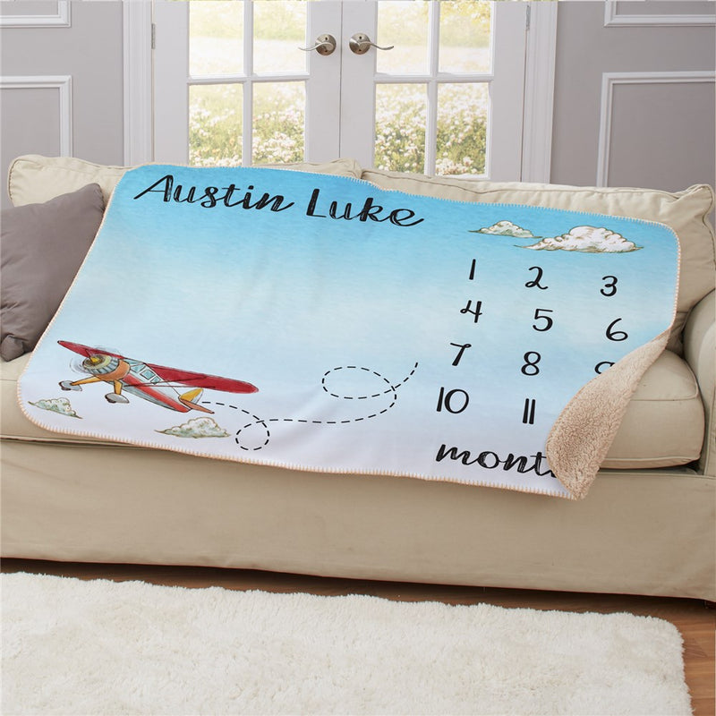 Personalized Airplane Baby Monthly Milestone 50X60 Sherpa Blanket - Travel Themed Baby Growth Blanket - LED Gift Works