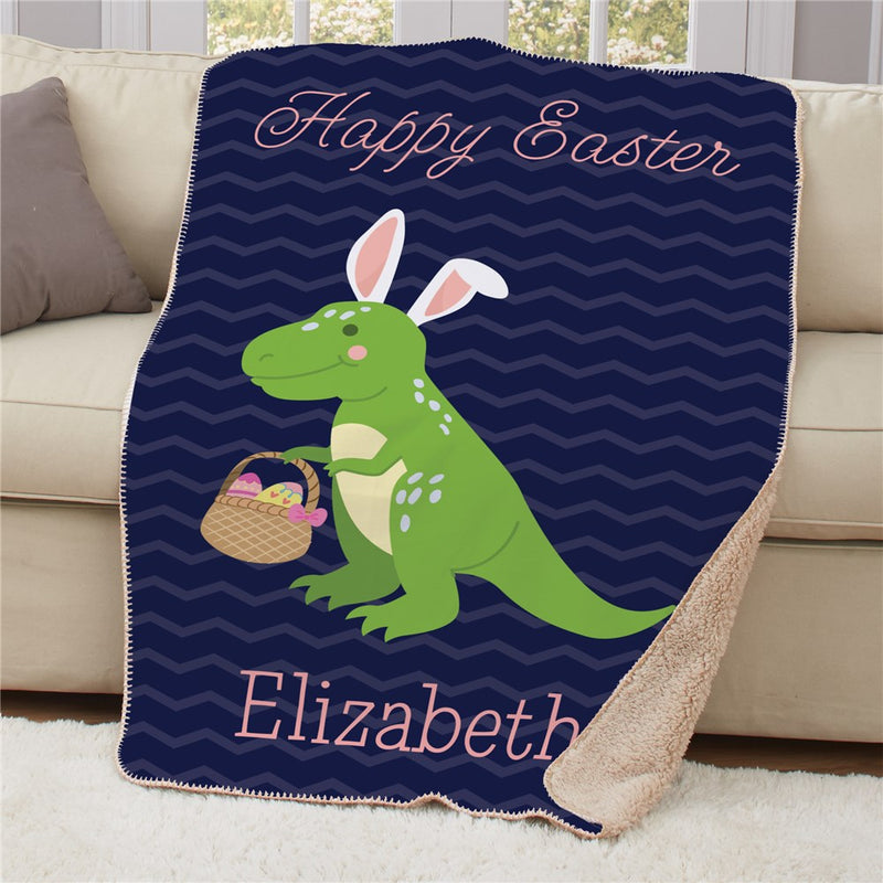 Personalized Happy Easter Dinosaur Sherpa Blanket - Easter Holiday Kids Blanket - LED Gift Works