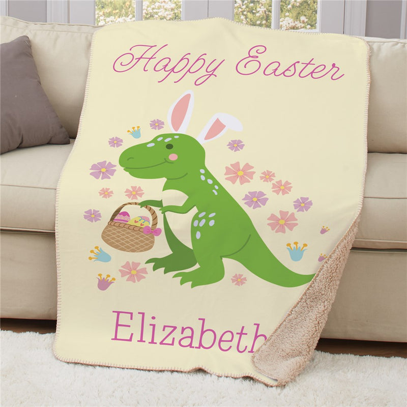 Personalized Floral Happy Easter Dinosaur Sherpa Blanket - Easter Baby Blanket - LED Gift Works
