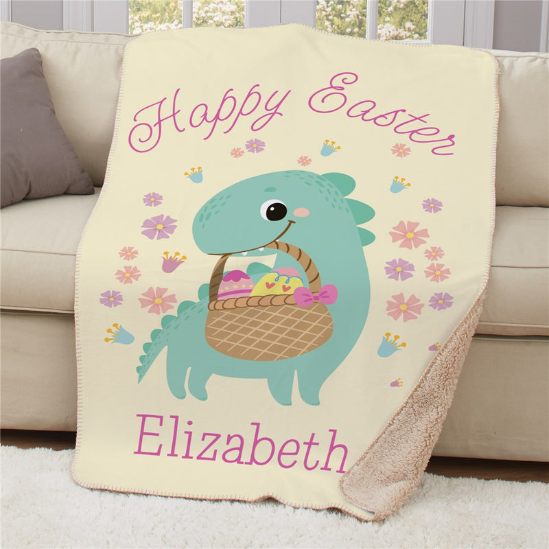 Personalized Happy Easter Dinosaur Holding Basket Sherpa Blanket - Custom Easter Throw - LED Gift Works