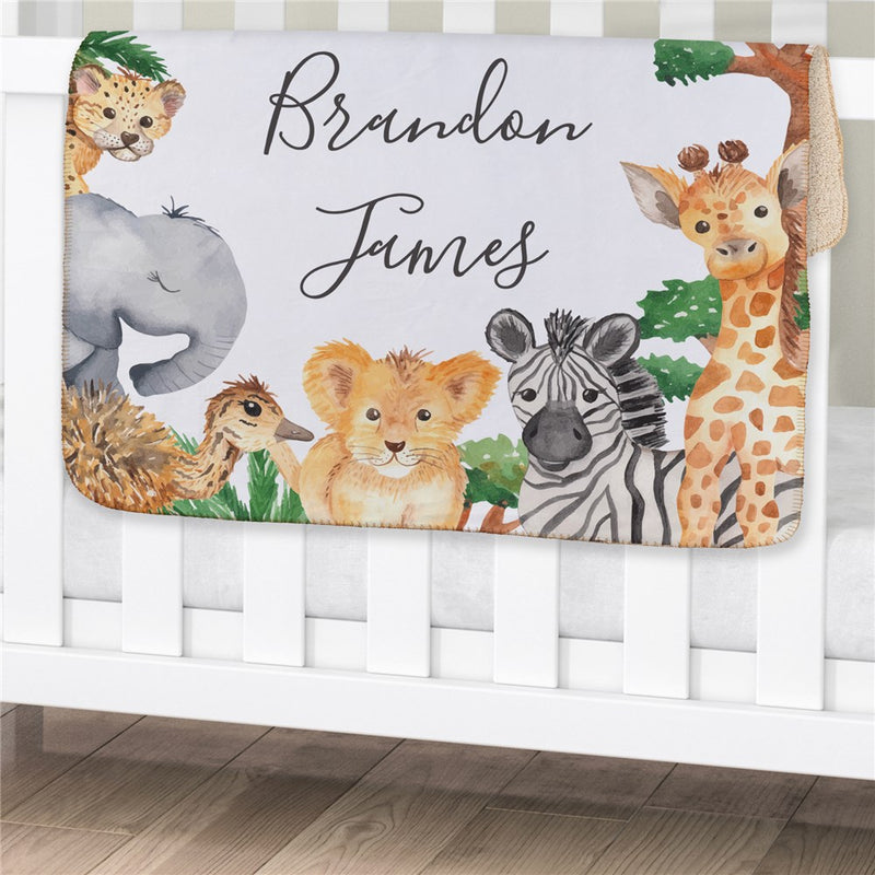 Personalized Wild Animals Baby Blanket - Jungle Animals Personalized Infant Throw - LED Gift Works