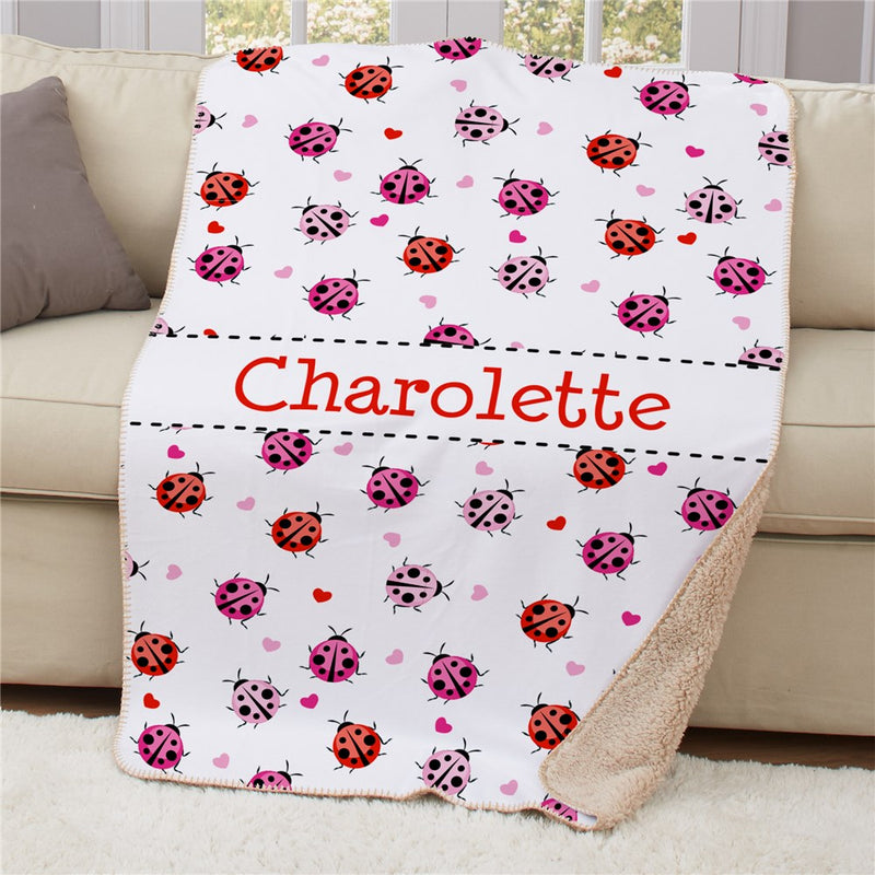 Personalized Ladybugs Sherpa Blanket - Cute Insect Theme Kids Blanket - LED Gift Works