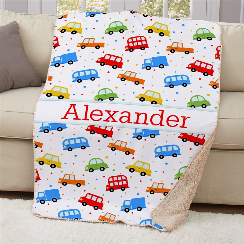Personalized Cars Sherpa Blanket - Kids Car Themed Blanket - LED Gift Works