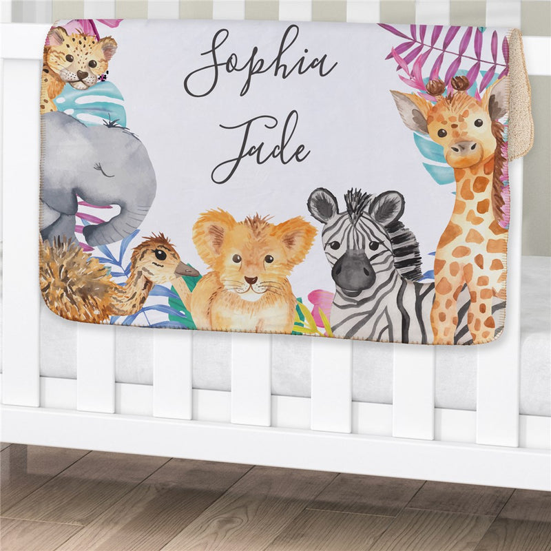 Personalized Wild Animals Baby Girl Blanket - Safari Theme Baby Blanket for Girls - LED Gift Works