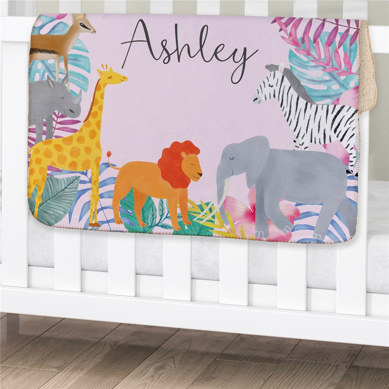 Personalized Safari Animals Baby Girl Blanket - Jungle Animals Infant Girl's Throw - LED Gift Works