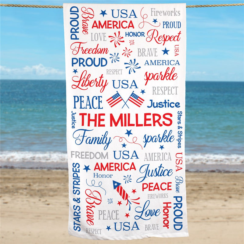 Fourth of July Word Art Custom Beach Towel - LED Gift Works