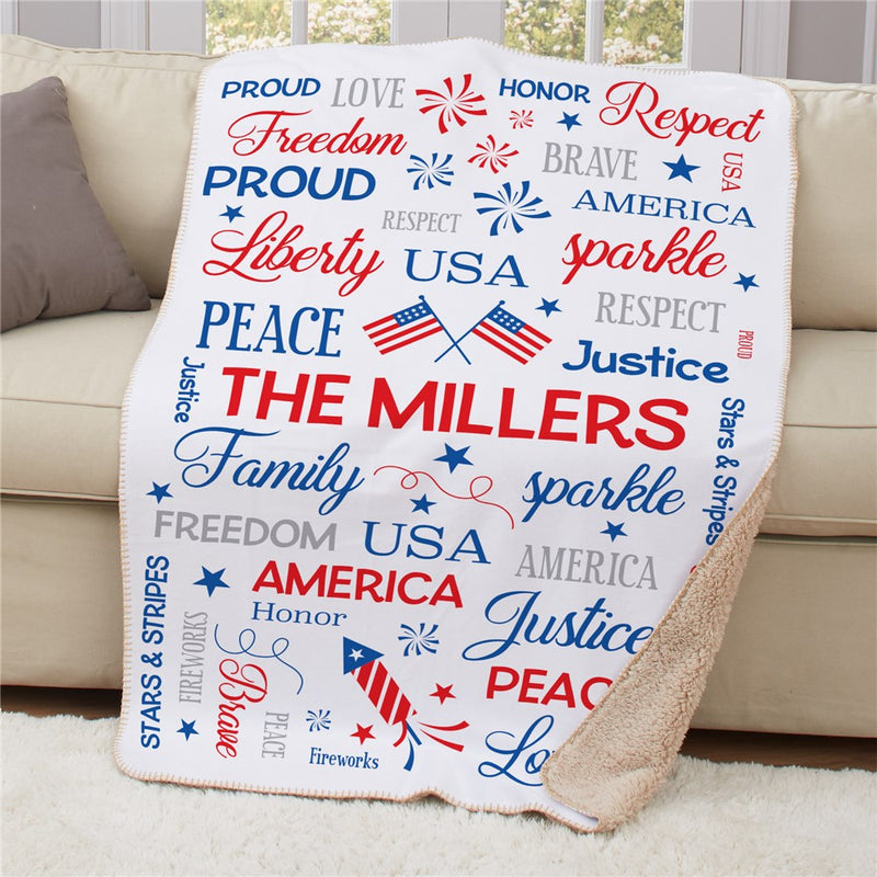 Personalized Fourth Of July Word Art Sherpa Blanket - Patriotic 4th of July Throw - LED Gift Works