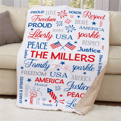 Personalized Fourth Of July Word Art Sherpa Blanket - Patriotic 4th of July Throw - Way Up Gifts
