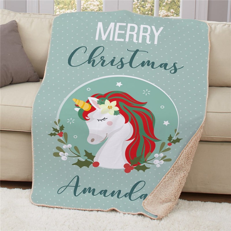 Personalized Merry Christmas Unicorn Sherpa Blanket - Magical Holiday Blanket for Kids - LED Gift Works