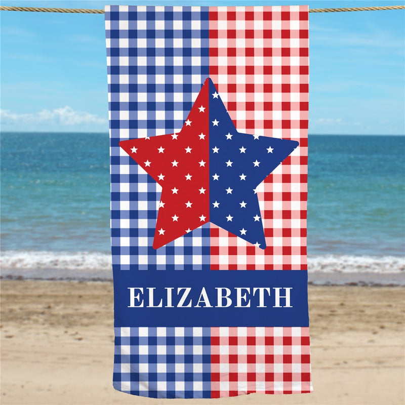 Red White Blue Plaid Star Personalized Beach Towel - LED Gift Works