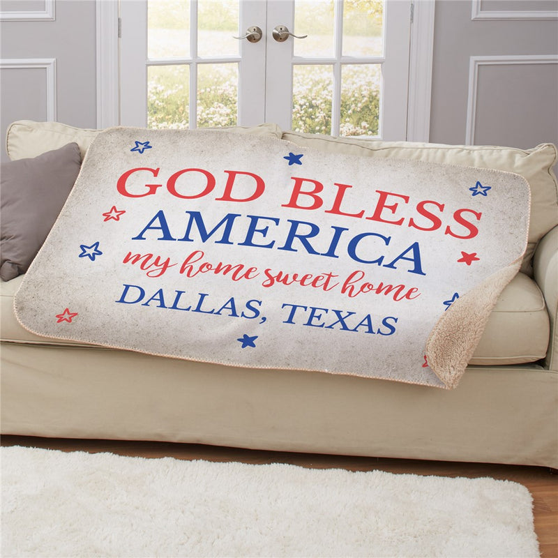 Personalized God Bless America Sherpa Blanket - Patriotic USA Throw Blanket - LED Gift Works