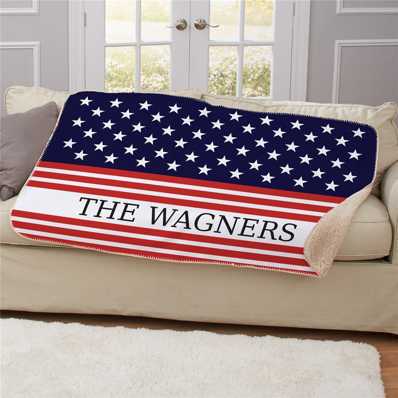 Personalized Patriotic Flag Sherpa Blanket - USA American Flag Blanket - LED Gift Works