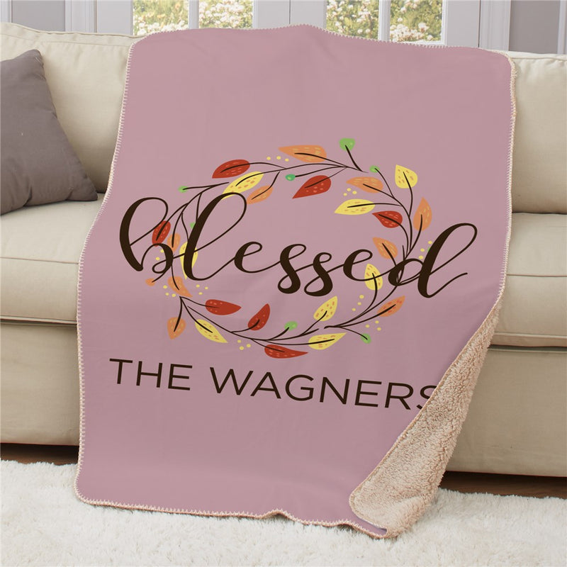 Personalized Blessed Wreath With Leaves Sherpa Blanket - Religious Autumn Throw - LED Gift Works