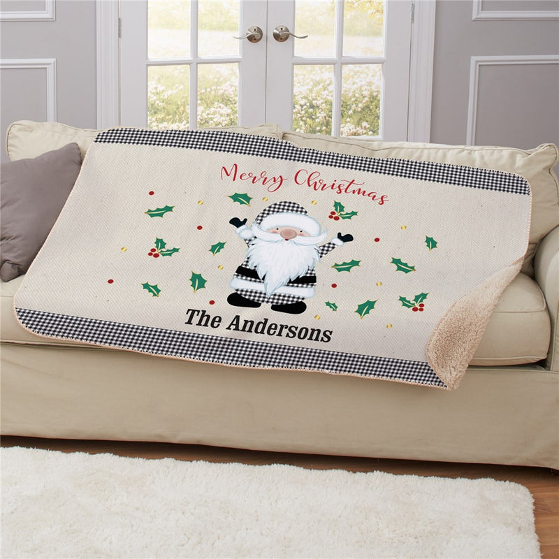 Personalized Merry Christmas Gingham Santa Sherpa Blanket - Festive Santa Throw Blanket - LED Gift Works