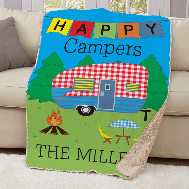 Personalized Plaid Happy Camper Sherpa Blanket - Camping Theme Cozy Throw - LED Gift Works