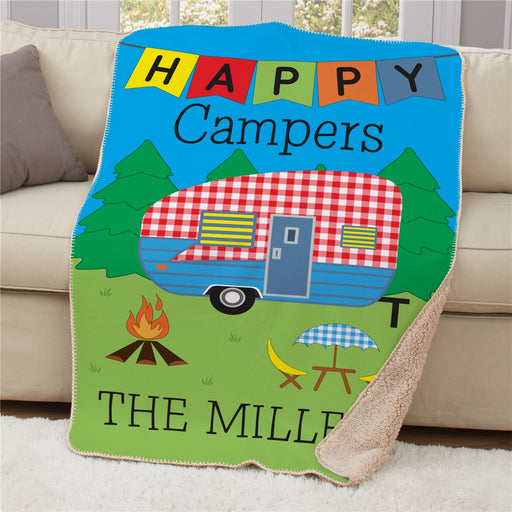 Personalized Plaid Happy Camper Sherpa Blanket - Camping Theme Cozy Throw - Way Up Gifts