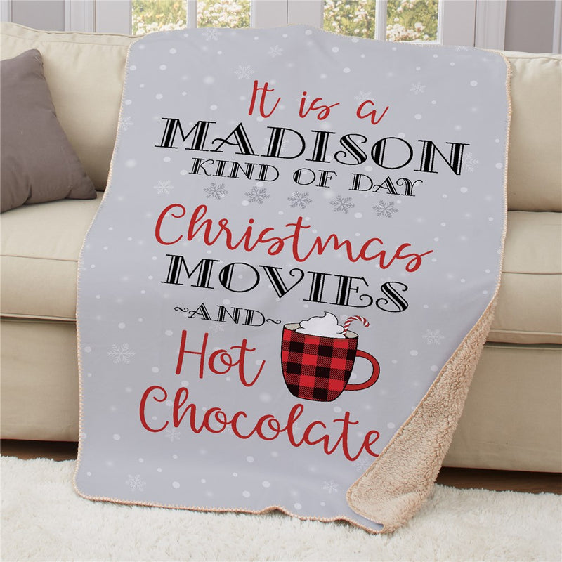 Personalized Name Christmas Movie & Hot Chocolate Sherpa Blanket - Holiday Movie Quote Blanket - LED Gift Works