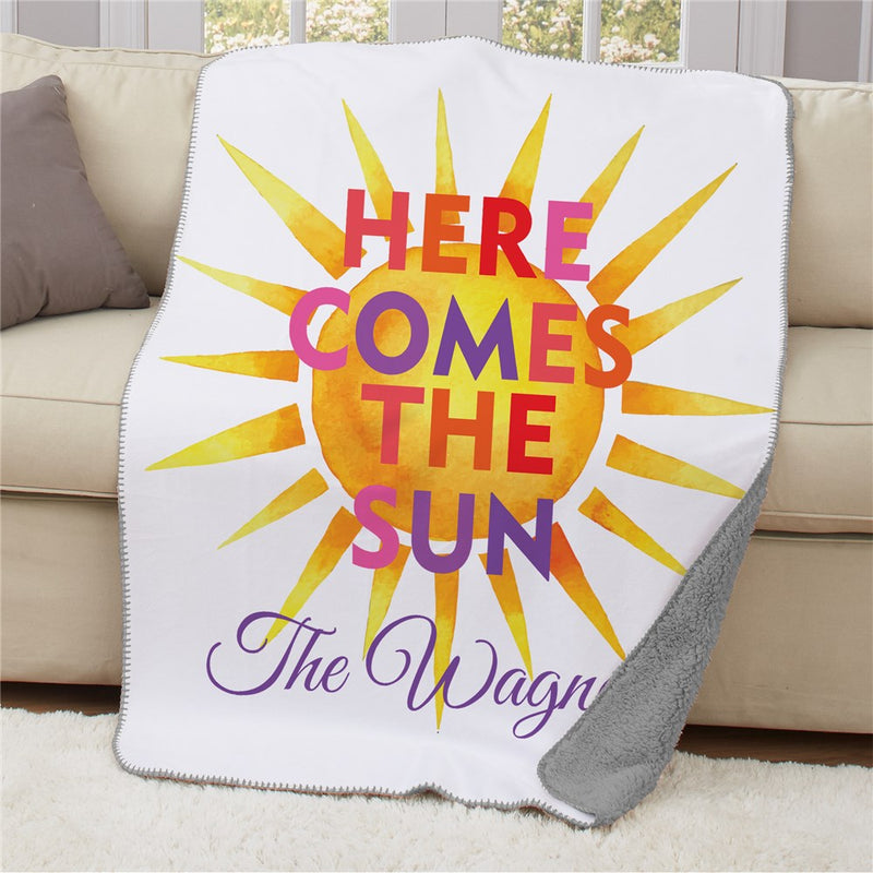Personalized Here Comes The Sun Gray Sherpa Blanket - Inspirational Quote Custom Blanket - LED Gift Works