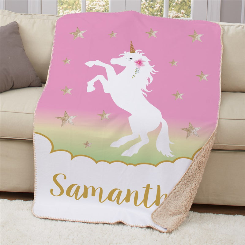 Personalized Unicorn Sherpa Blanket 50x60 - Large Unicorn Girl's Blanket - LED Gift Works