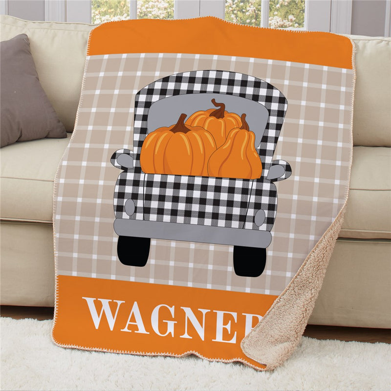 Personalized Buffalo Check Fall Truck Sherpa Blanket - Fall Harvest Truck Throw - LED Gift Works