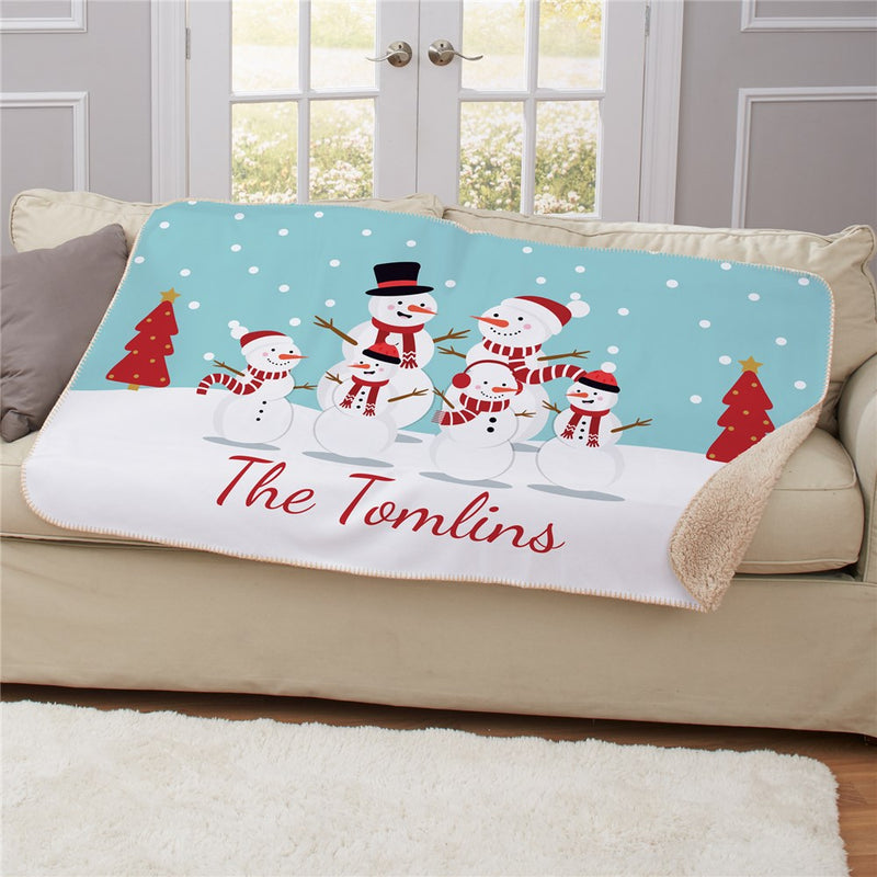 Personalized Snowmen Family Sherpa Blanket - Custom Holiday Snowman Throw - LED Gift Works