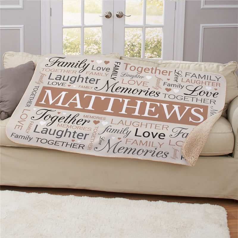 Personalized Family Word Art 50 X 60 Sherpa Blanket - Large Family Name Throw - LED Gift Works