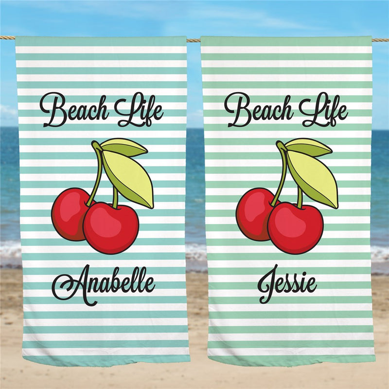 Cherry Stripe Personalized Beach Towel - Summer Fun Design - LED Gift Works