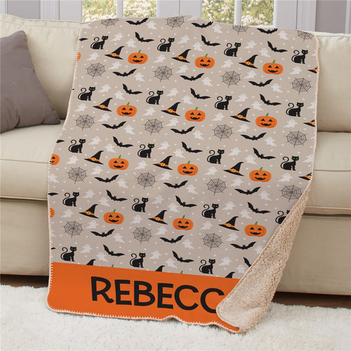 Personalized Halloween Icons Pattern Sherpa Blanket - Spooky Holiday Blanket - Way Up Gifts