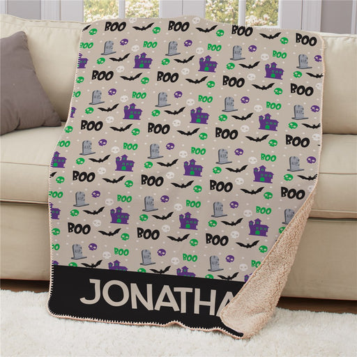 Personalized Halloween Boo Sherpa Blanket - Halloween Themed Custom Throw - Way Up Gifts