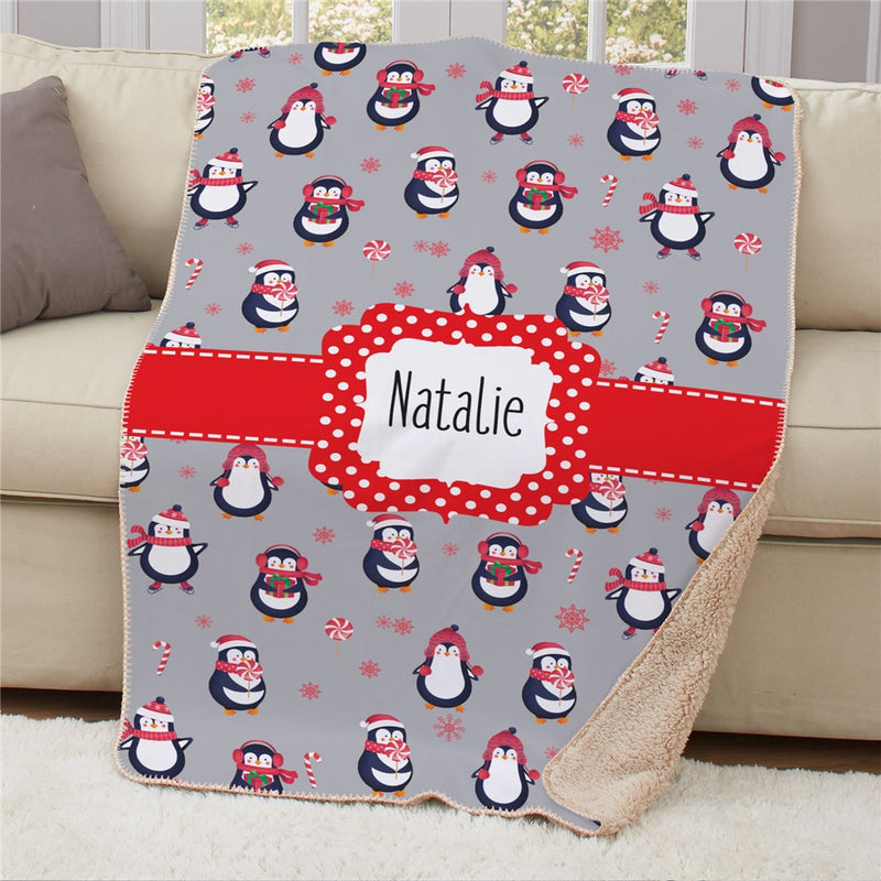 Personalized Penguins Sherpa Blanket 50x60 - Winter Penguin Holiday Throw - LED Gift Works