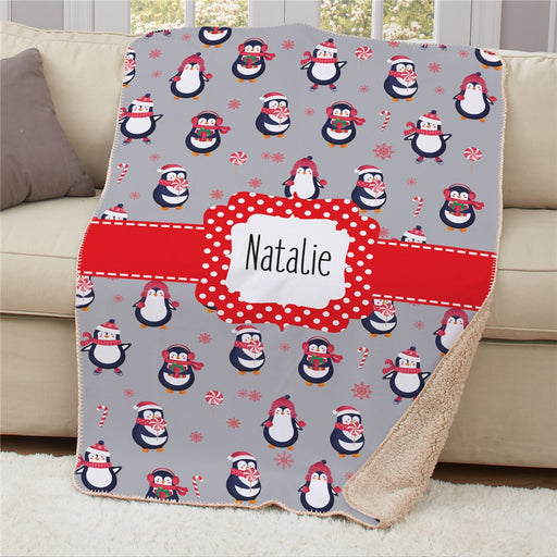 Personalized Penguins Sherpa Blanket 50x60 - Winter Penguin Holiday Throw - Way Up Gifts