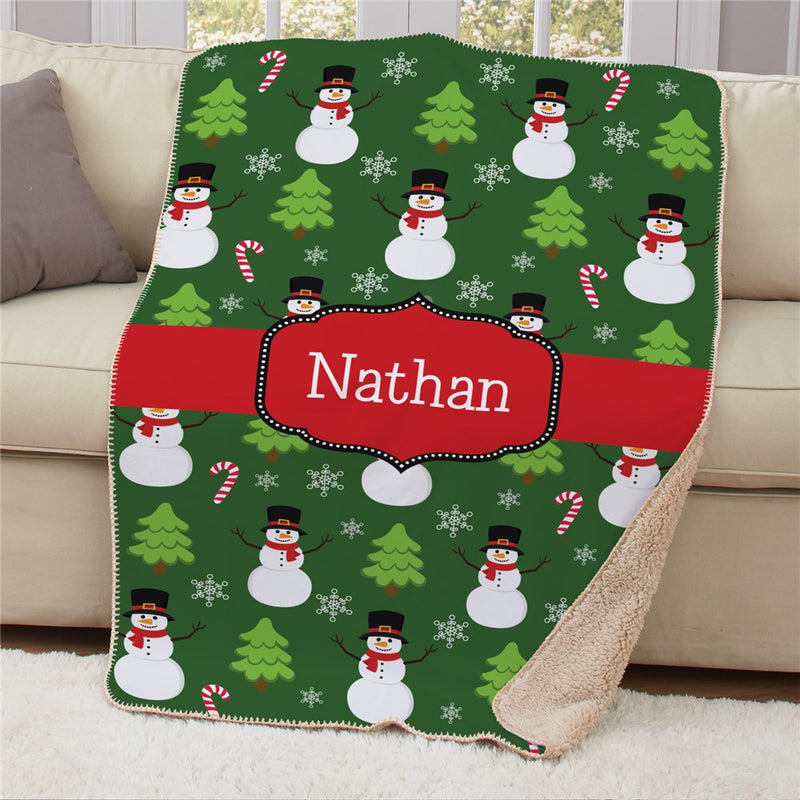 Personalized Snowmen Sherpa Blanket 50x60 - Large Winter Snowman Blanket - LED Gift Works