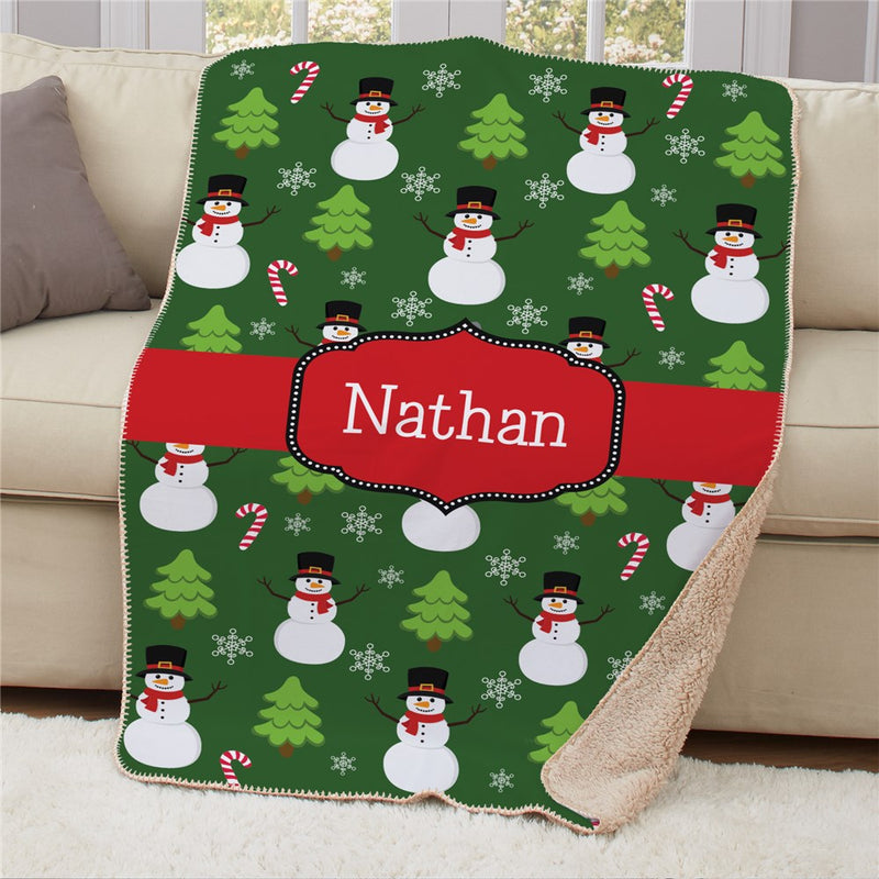 Personalized Snowmen Sherpa Blanket - Frosty Winter Family Blanket - LED Gift Works
