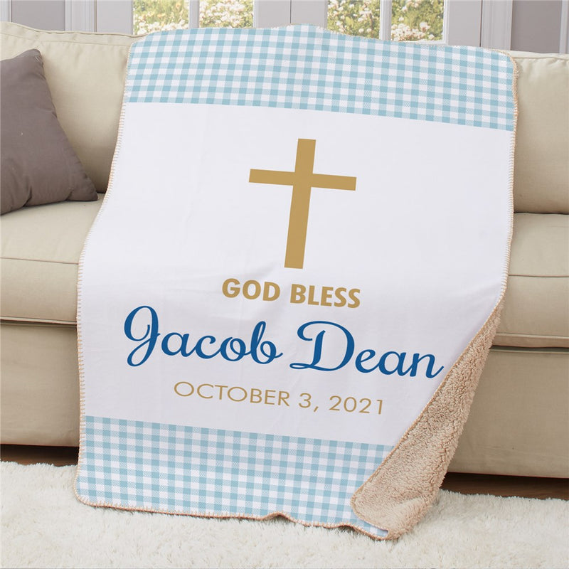 Personalized Baptism Gingham Sherpa Blanket - Religious Baptism Gift Blanket - LED Gift Works