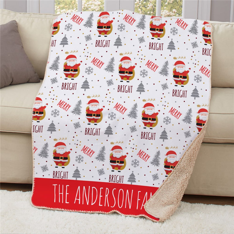Personalized Merry & Bright Santa 50x60 Sherpa Blanket - Cheerful Christmas Blanket with Santa - LED Gift Works